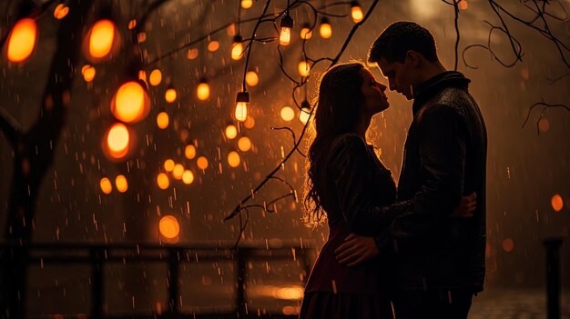 Foto besos contra el fondo de linternas encendidas en un tranquilo parque lluvioso