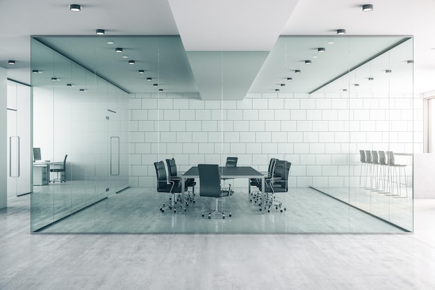 Besprechungsraum mit Konferenztisch und Stühlen in einem modernen, sonnigen Bürointerieur. Teamwork-Konzept 3D-Rendering