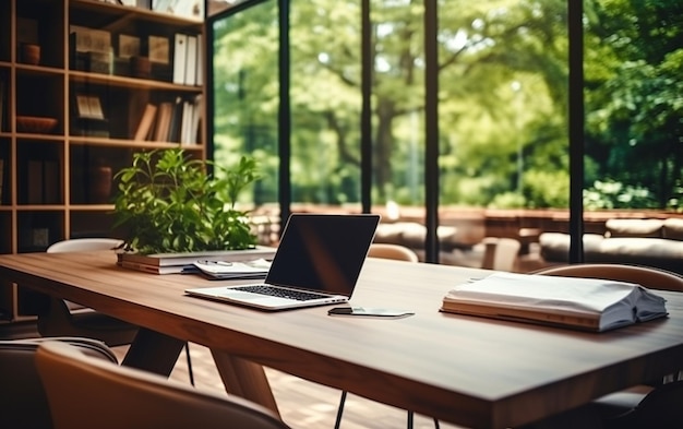 Besprechungsraum und Arbeitsplatz mit komfortablem Notebook-Laptop-Arbeitstisch in Bürofenstern