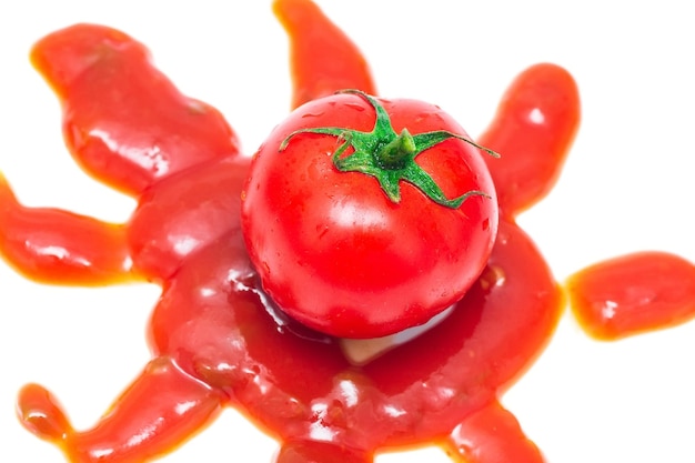 Bespritzte Tomaten mit Ketchup isoliert auf weißem Hintergrund