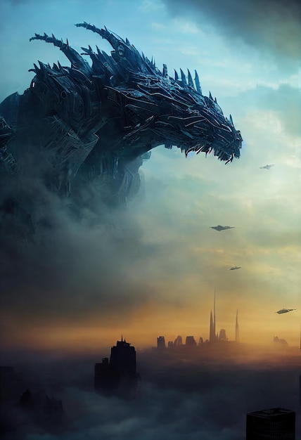 Besta majestosa de Kaiju gigante acima da cidade