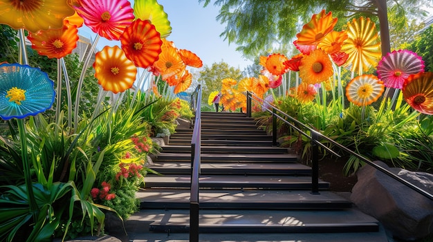 Foto besteigen sie die treppe zu celestial blooms, wo die stufen aus durchscheinendem glas ausgestellt sind.