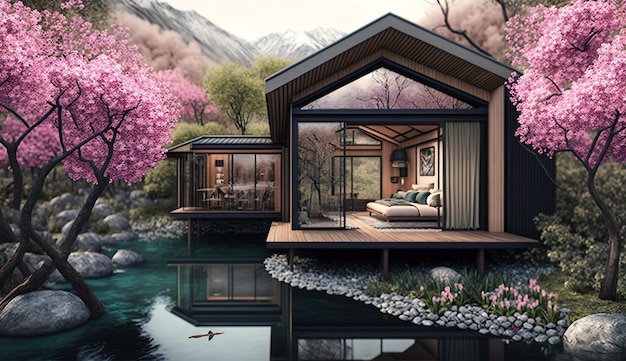 Bestes Innendesign einer Lodge mit wunderschöner Aussicht Ai Generated