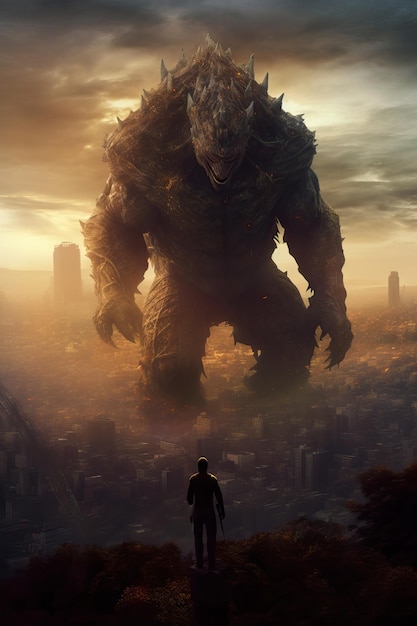 Bestia gigante sobre el concepto de criatura kaiju gigante de la ciudad kaiju golem monstruo de ciencia ficción fotograma de la película