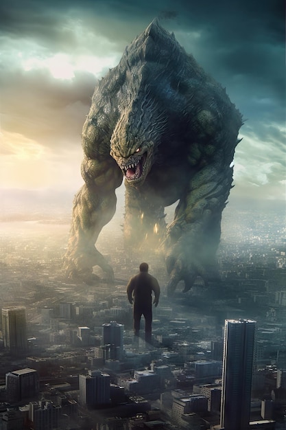 Bestia gigante sobre el concepto de criatura kaiju gigante de la ciudad kaiju golem monstruo de ciencia ficción fotograma de la película