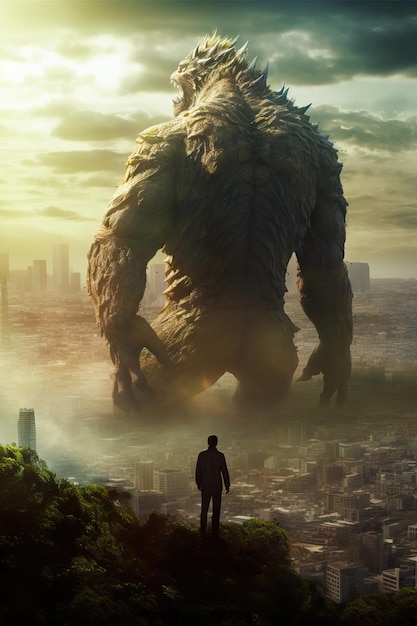 Foto bestia gigante sobre el concepto de criatura kaiju gigante de la ciudad kaiju golem monstruo de ciencia ficción fotograma de la película