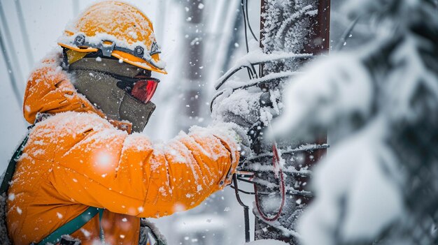 Foto bestimmung eines manuellen elektroingenieursarbeiter in einem starken schneesturm