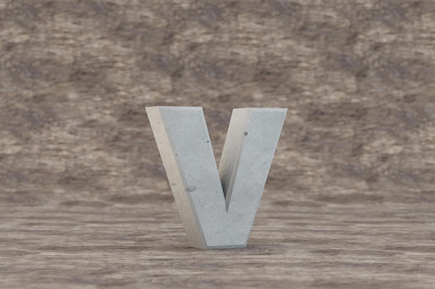 Foto beton 3d buchstabe v kleinbuchstaben. harter steinbuchstabe auf hölzernem hintergrund. konkretes alphabet mit unvollkommenheiten. 3d gerenderte schriftzeichen.