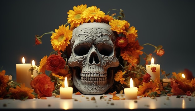 Betonfarbener Totenkopf mit Blumen und Kerzen zum Tag der Toten