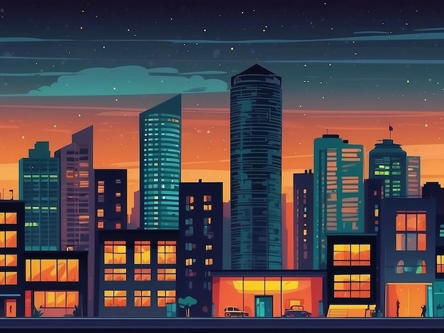 Betonstadt mit Dachboden während des Twilight-Cartoons Stadtgebäude einfacher Hintergrundvektor