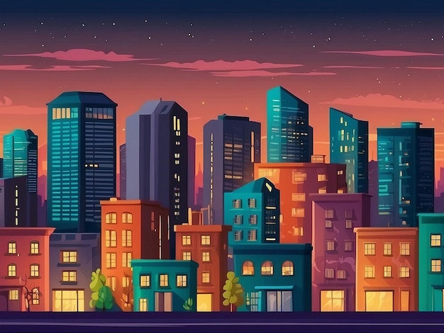 Betonstadt mit Dachboden während des Twilight-Cartoons Stadtgebäude einfacher Hintergrundvektor