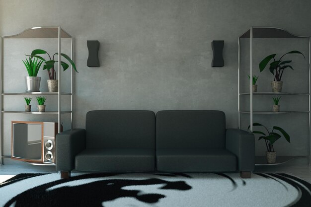 Betonzimmer mit dunklem Sofa