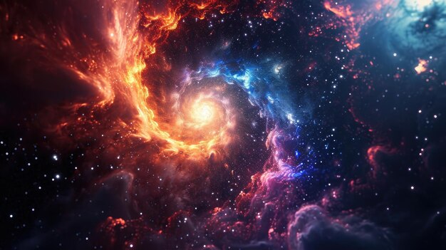 Betrachten Sie den abstrakten farbenfrohen Nebel, der sich in einem faszinierenden Galaxien-Kosmos-Hintergrundwirbel dreht.