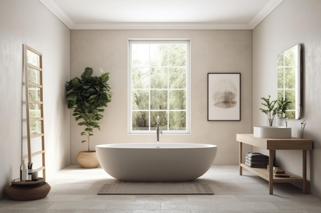 Betreten Sie ein luxuriöses Badezimmer mit einer geräumigen Badewanne und einem eleganten Waschbecken. Eine perfekte Mischung aus Design und Funktionalität, die den ultimativen Raum zum Entspannen schafft. AI Generative