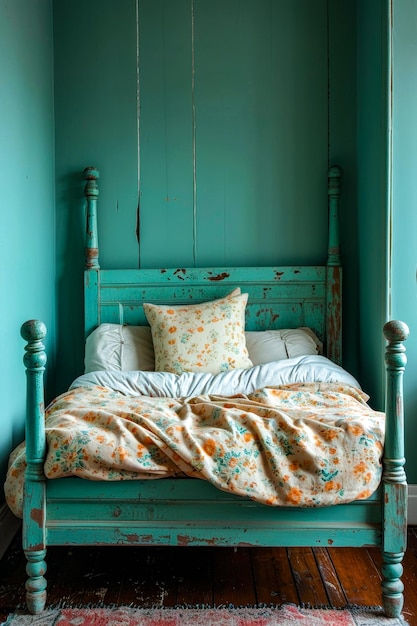 Bett mit blauem Rahmen hat eine weiße und orangefarbene Blumendecke