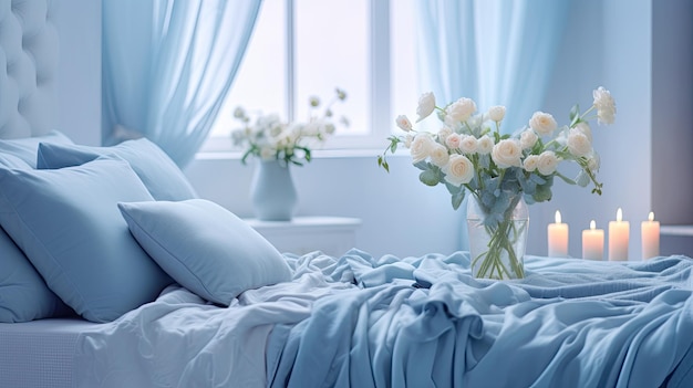 Bett mit blauen Laken und Kissen für bequemen Schlaf und Entspannung