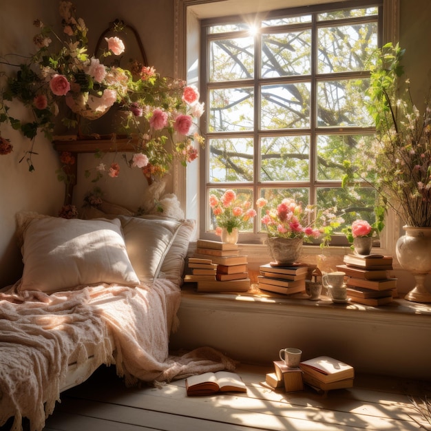 Foto bett mit blumen neben dem fenster