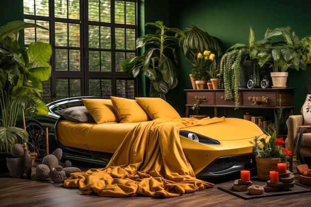 Bett mit gelber Decke darauf im Zimmer mit Topfpflanzen Generative AI