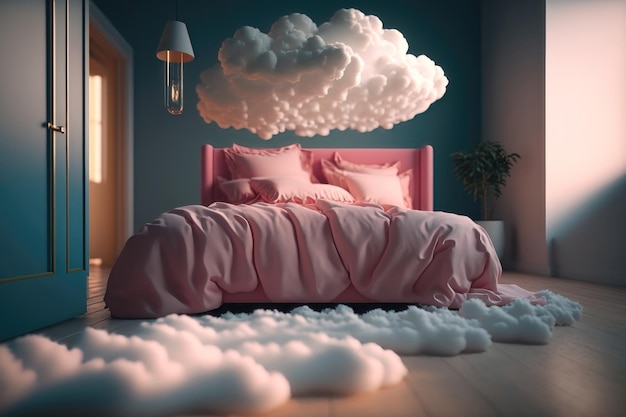 Bett mit rosa Wolken Kreatives Designkonzept Ai-Generation