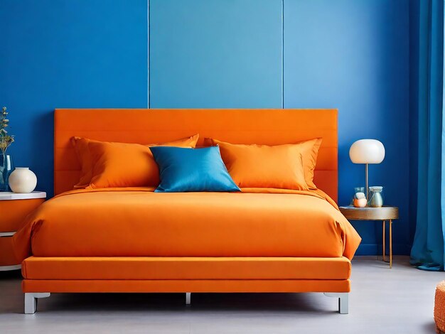 Bett und Bank an einer orangefarbenen und blauen Wand mit Kopierplatz