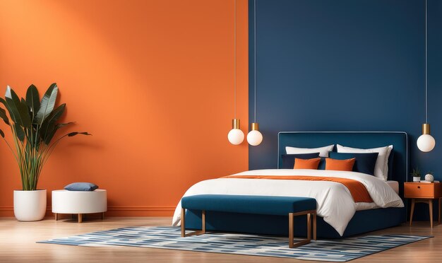 Bett und Bank gegen orangefarbene und blaue Wände mit Kopierraum Art-Deco-Interior-Design eines modernen Schlafzimmers