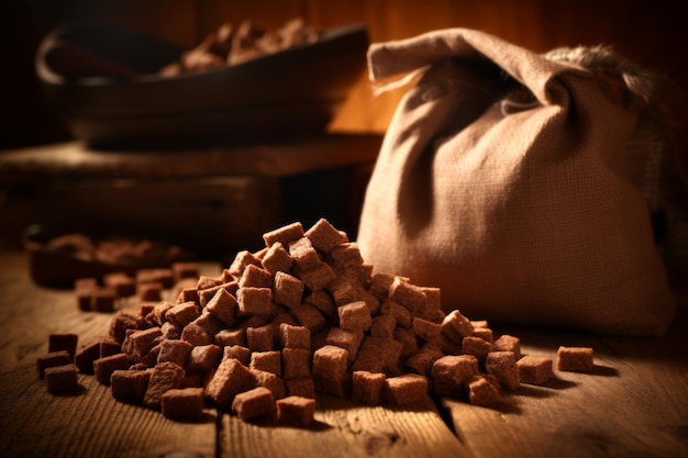 Beutel mit braunen Zuckerwürfeln auf einem Holztisch