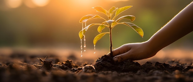Bewässerung junger Bäume mit zwei Händen bis zum Aufwachsen aus der Erde im Park bei Sonnenuntergang