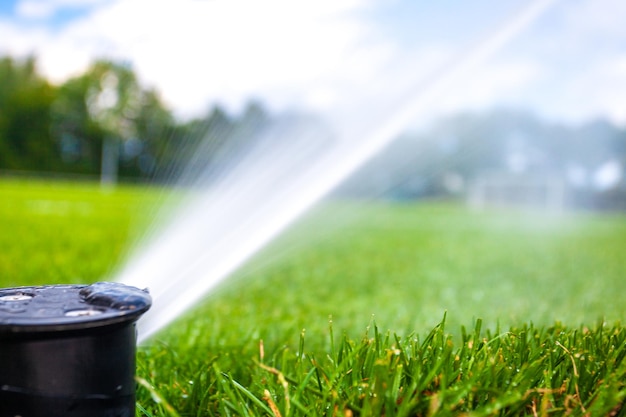 Bewässerung mit Hilfe von Druckdüsen mit Wasser im Fußballstadion