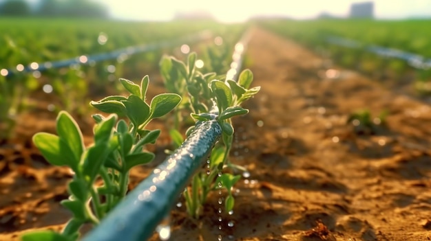 Bewässerung von Pflanzen und Gemüse auf dem Feld, Tropfbewässerung, Nahaufnahme, generierte KI