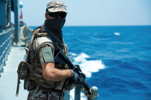 Foto bewaffnete wache an bord eines seeschiffs im golf von aden