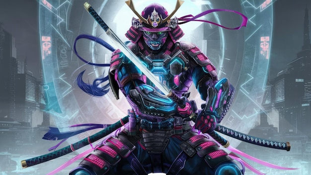 Bewaffneter Samurai und Straße mit verschwommenen Neonlichtern in der Nacht auf generativer KI im Hintergrund
