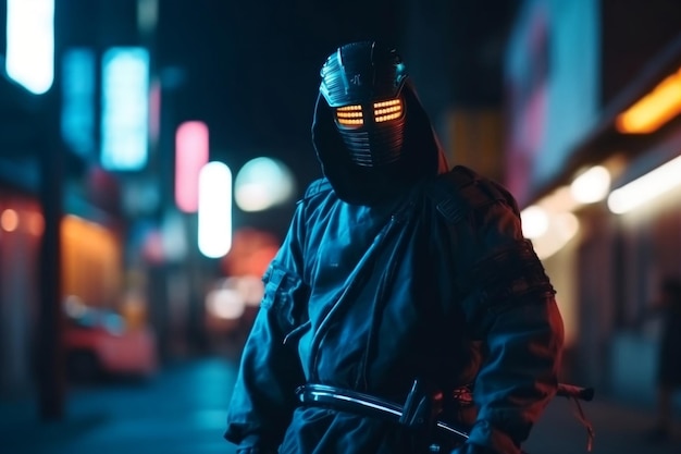 Bewaffneter Samurai und Straße mit verschwommenen Neonlichtern in der Nacht auf generativer KI im Hintergrund