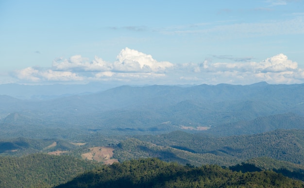 Bewaldete Berge und Himmel