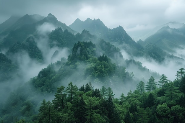 bewaldete Berglandschaft mit Nebel im Huangshan Nationalpark China