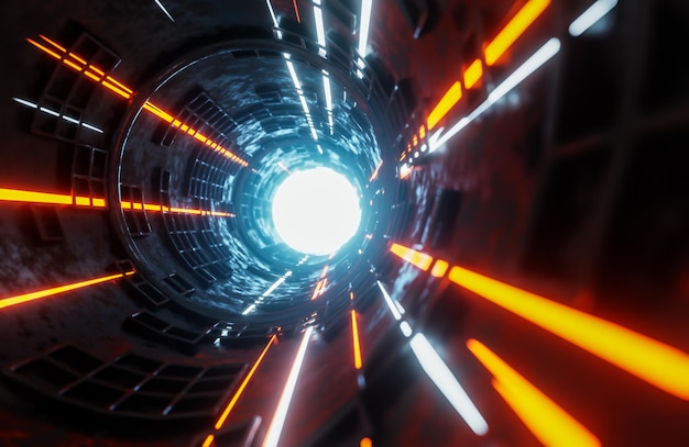 Bewegliche Lichtstrahlen im Scifi-Tunneldigitaler Hintergrund 3D-Modell und Illustration