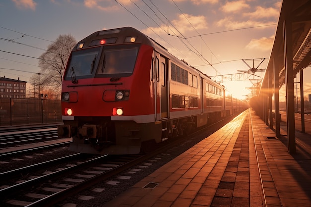 bewegter Zug fährt bei Sonnenuntergang auf den Gleisen