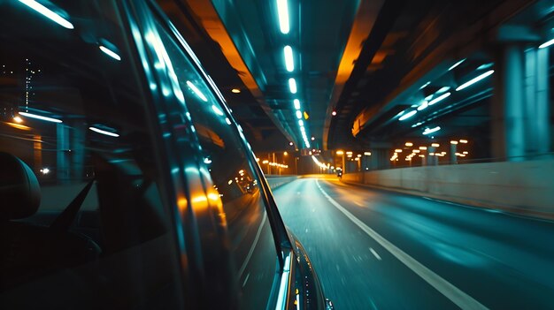 Bewegungszeit einer schnellen Nachtfahrt in einer Großstadt, die im unterirdischen Parkplatz endet Generative KI