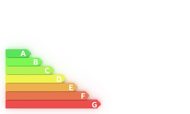 Bewertung der Energieeffizienzklasse Isometrische Farbetiketten Balkendiagramm des Zertifizierungssystems 3D-Modelldiagramm