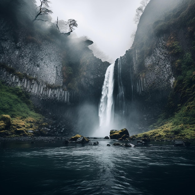 Bewölkte, kaskadenartige, stimmungsvolle Wasserfalllandschaft