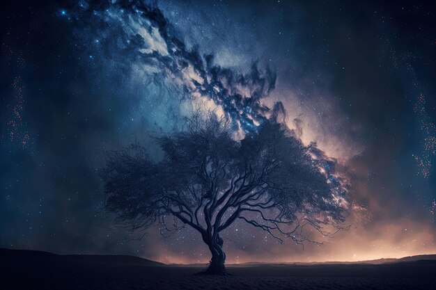 Bewölkte Milchstraße und eine Baumsilhouette
