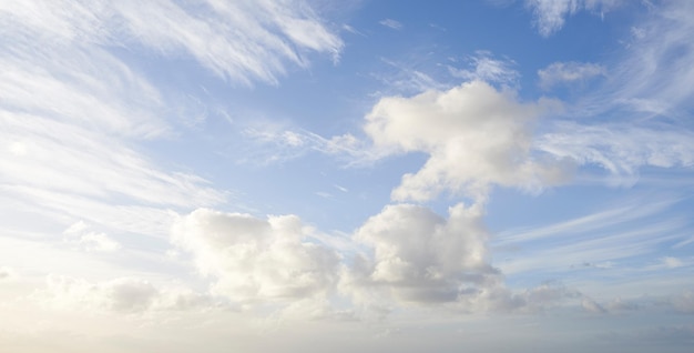 Bewölkter blauer Himmel mit flauschigen Wolken als natürlicher Hintergrund an einem Sommertag Landschaftsansicht der Kumulusbildung mit Kopierraum Hohe landschaftliche und Kopierraumansichten der Atmosphäre und des Klimas