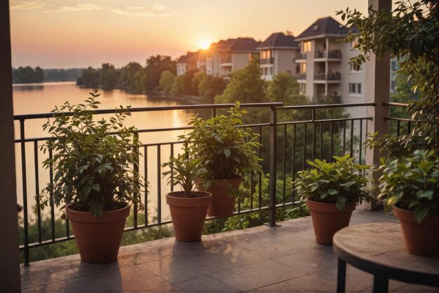 Bewundern Sie die Eleganz eines städtischen Balkons bei Sonnenuntergang mit Blick auf einen ruhigen See und üppiges Grün