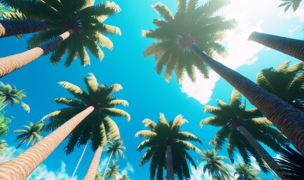 Bewundern Sie die hoch aufragenden Palmen vor einem klassischen blauen Himmel, der Sie in ein ruhiges tropisches Strandparadies versetzt