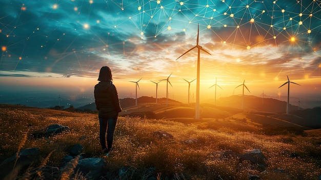 Bewunderung des Windparks bei Sonnenuntergang mit dem Konzept der sauberen Energie im digitalen Netzwerk
