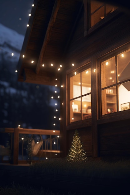 Bezaubernde Nachtansicht einer gemütlichen Holzhütte in den Bergen