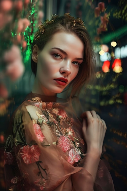 Bezaubernde Schönheit Elegante Frau mit Magnolienblüte und Lichterketten Generative AI