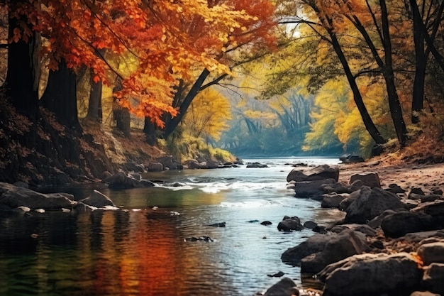 Bezaubernde Szene: Ein lebendiger Herbstwald spiegelt sich am Flussufer