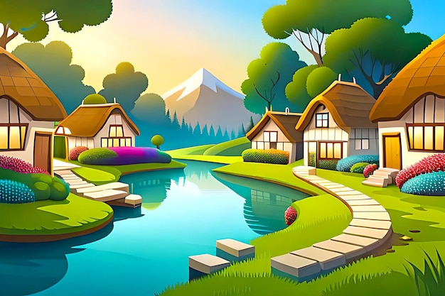 Bezaubernder Cartoon-Dorflandschaftshintergrund mit gemütlichen Hütten und Strohdächern