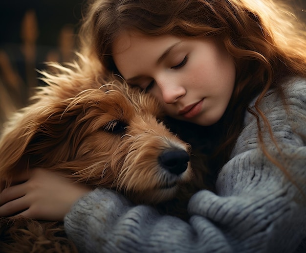Bezaubernder Moment, Mädchen und Hund umarmen sich im Freien. Generative KI