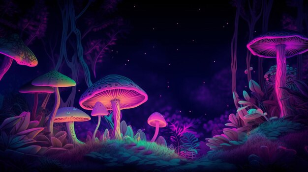 Bezaubernder Pilz-Dschungel-Hintergrund mit violettem Neonlicht